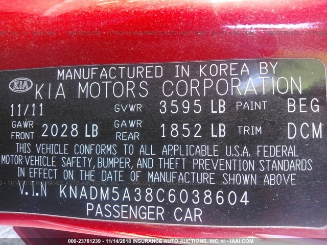 KNADM5A38C6038604 - 2012 KIA RIO LX RED photo 9