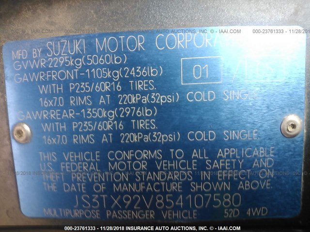 JS3TX92V854107580 - 2005 SUZUKI XL7 EX/LX Light Blue photo 9