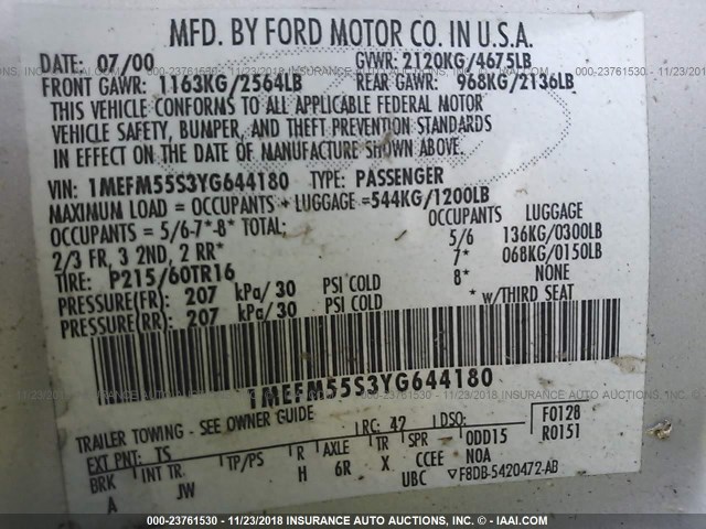 1MEFM55S3YG644180 - 2000 MERCURY SABLE LS PREMIUM SILVER photo 9