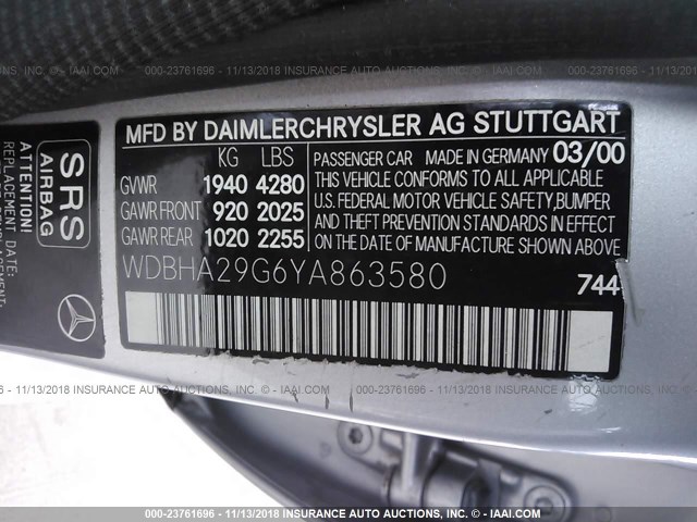 WDBHA29G6YA863580 - 2000 MERCEDES-BENZ C 280 GRAY photo 9