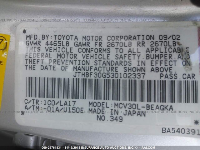 JTHBF30G530102337 - 2003 LEXUS ES 300 SILVER photo 9