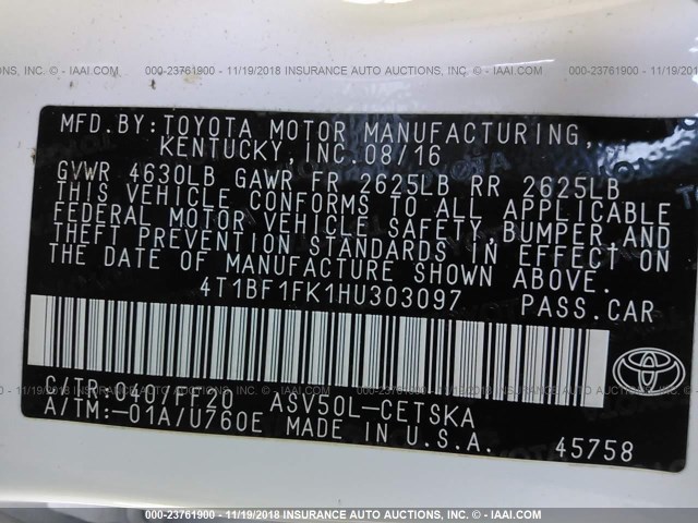 4T1BF1FK1HU303097 - 2017 TOYOTA CAMRY LE/XLE/SE/XSE WHITE photo 9