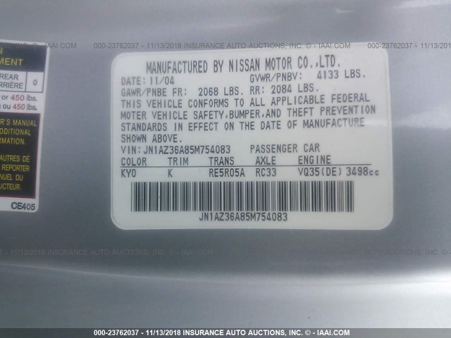 JN1AZ36A85M754083 - 2005 NISSAN 350Z ROADSTER SILVER photo 9