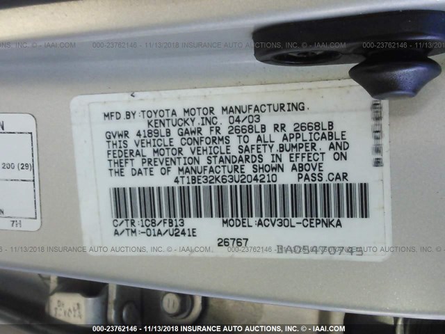 4T1BE32K63U204210 - 2003 TOYOTA CAMRY LE/XLE/SE SILVER photo 9