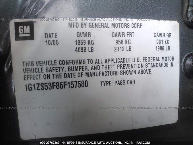 1G1ZS53F86F157580 - 2006 CHEVROLET MALIBU LS GRAY photo 9