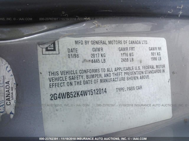 2G4WB52K4W1512014 - 1998 BUICK REGAL LS GRAY photo 9