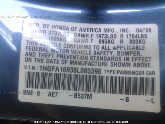 1HGFA16938L085396 - 2008 HONDA CIVIC EXL BLUE photo 9