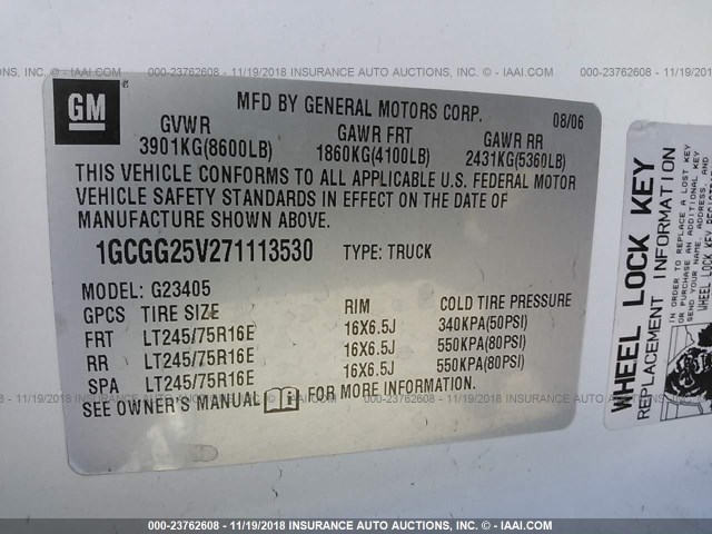 1GCGG25V271113530 - 2007 CHEVROLET EXPRESS G2500  WHITE photo 9