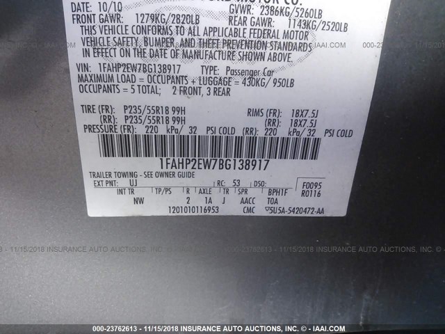 1FAHP2EW7BG138917 - 2011 FORD TAURUS SEL GRAY photo 9