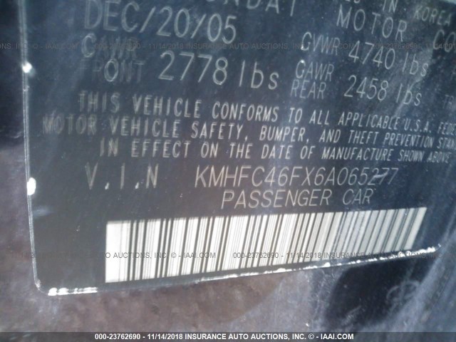 KMHFC46FX6A065277 - 2006 HYUNDAI AZERA SE/LIMITED BLACK photo 9