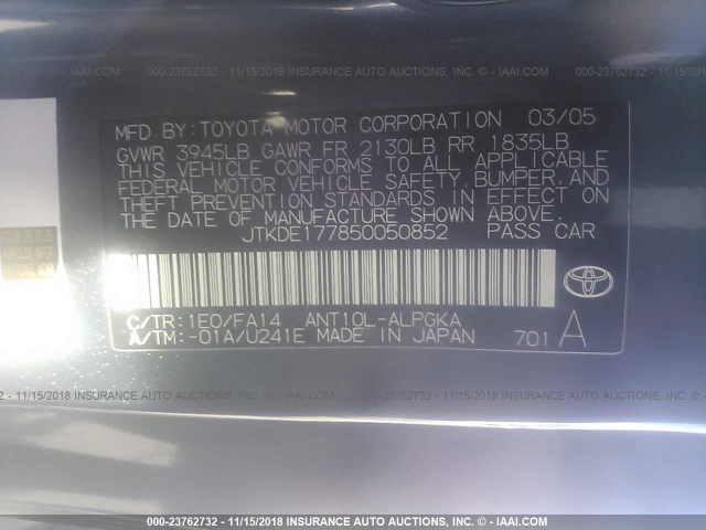 JTKDE177850050852 - 2005 TOYOTA SCION TC 灰色 照片 9