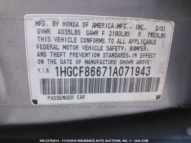 1HGCF86671A071943 - 2001 HONDA ACCORD VALUE SILVER photo 9