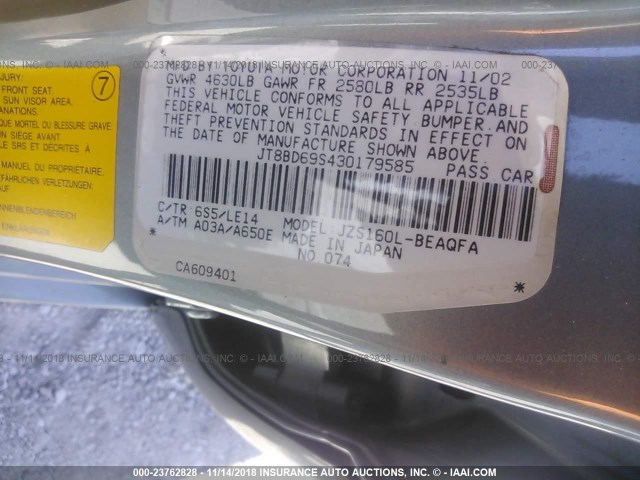 JT8BD69S430179585 - 2003 LEXUS GS 300 GREEN photo 9