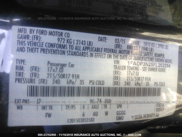 1FADP3N25FL262294 - 2015 FORD FOCUS TITANIUM GRAY photo 9