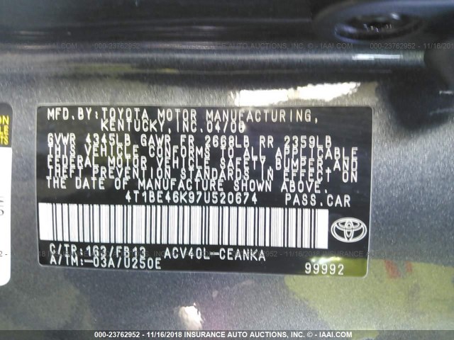 4T1BE46K97U520674 - 2007 TOYOTA CAMRY NEW GENERAT CE/LE/XLE/SE GRAY photo 9