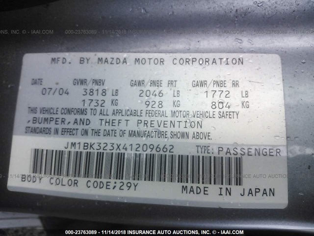 JM1BK323X41209662 - 2004 MAZDA 3 S GRAY photo 9