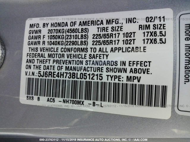 5J6RE4H73BL051215 - 2011 HONDA CR-V EXL SILVER photo 9