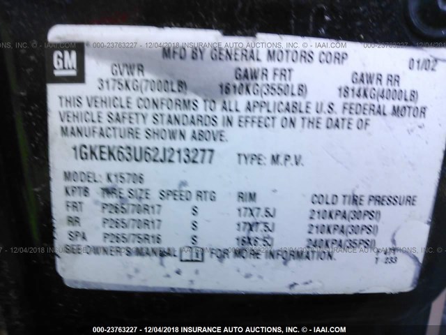 1GKEK63U62J213277 - 2002 GMC DENALI BLACK photo 9