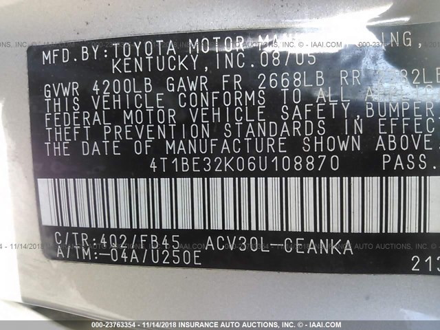 4T1BE32K06U108870 - 2006 TOYOTA CAMRY LE/XLE/SE GOLD photo 9