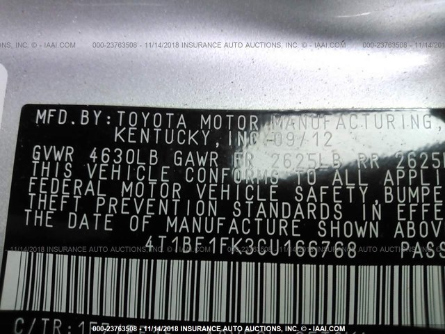 4T1BF1FK3CU166768 - 2012 TOYOTA CAMRY SE/LE/XLE 银色 照片 9