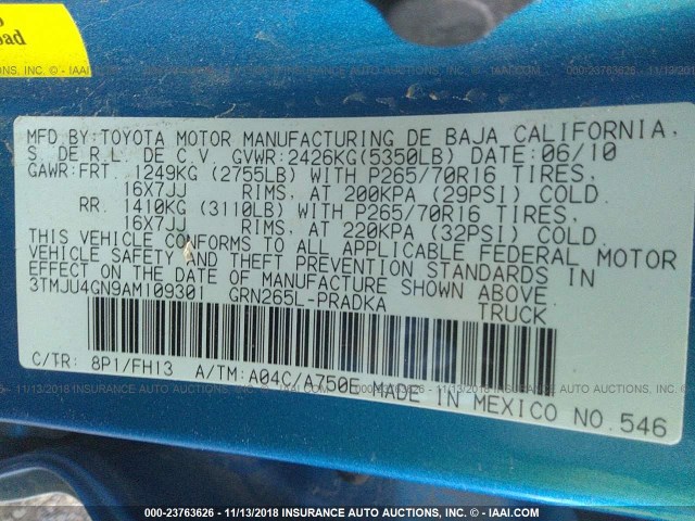 3TMJU4GN9AM109301 - 2010 TOYOTA TACOMA DOUBLE CAB PRERUNNER BLUE photo 9