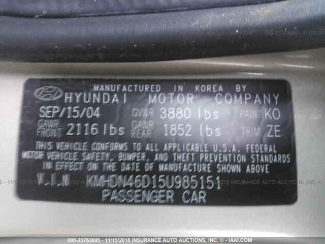 KMHDN46D15U985151 - 2005 HYUNDAI ELANTRA GLS/GT TAN photo 9