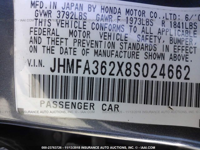 JHMFA362X8S024662 - 2008 HONDA CIVIC HYBRID BLUE photo 9