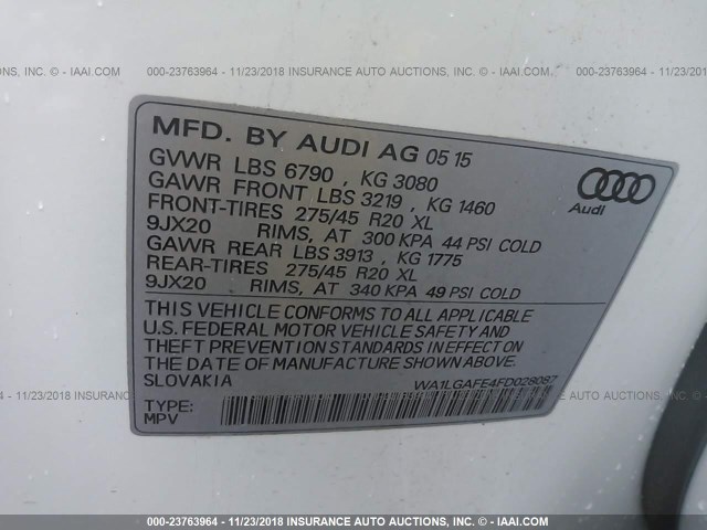 WA1LGAFE4FD028087 - 2015 AUDI Q7 PREMIUM PLUS WHITE photo 9