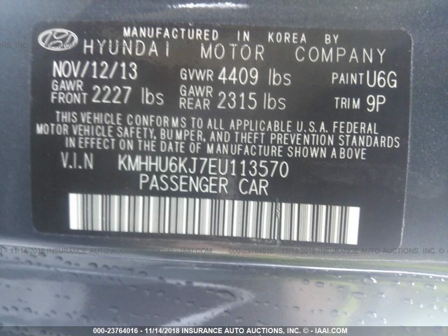 KMHHU6KJ7EU113570 - 2014 HYUNDAI GENESIS COUPE 3.8L GRAY photo 9