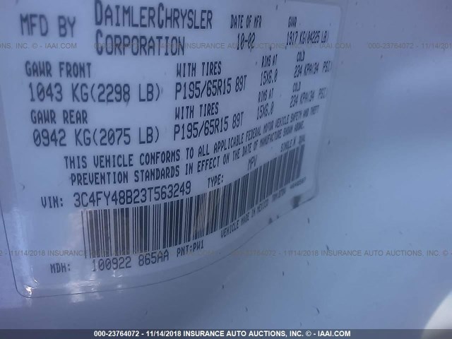 3C4FY48B23T563249 - 2003 CHRYSLER PT CRUISER CLASSIC 白色 照片 9