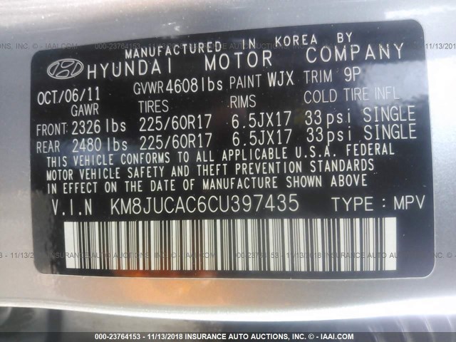 KM8JUCAC6CU397435 - 2012 HYUNDAI TUCSON GLS/LIMITED 银色 照片 9