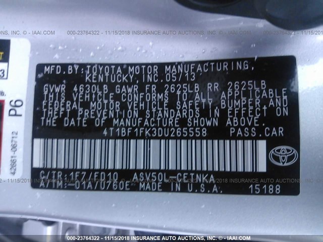 4T1BF1FK3DU265558 - 2013 TOYOTA CAMRY L/SE/LE/XLE ვერცხლისფერი ფოტო 9