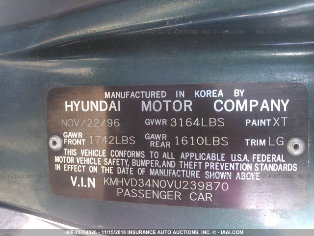 KMHVD34N0VU239870 - 1997 HYUNDAI ACCENT GS/GT GREEN photo 9