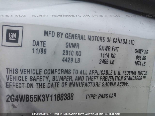 2G4WB55K3Y1188388 - 2000 BUICK REGAL LS WHITE photo 9