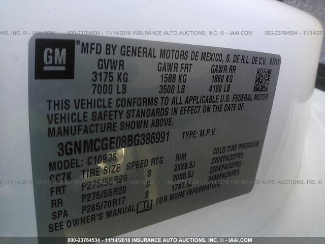 3GNMCGE08BG386991 - 2011 CHEVROLET AVALANCHE LTZ WHITE photo 9