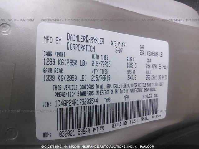 1D4GP24R17B203544 - 2007 DODGE GRAND CARAVAN SE GOLD photo 9