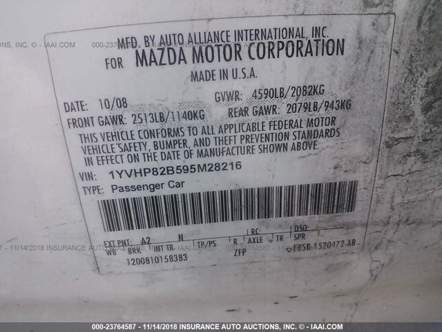 1YVHP82B595M28216 - 2009 MAZDA 6 S WHITE photo 9