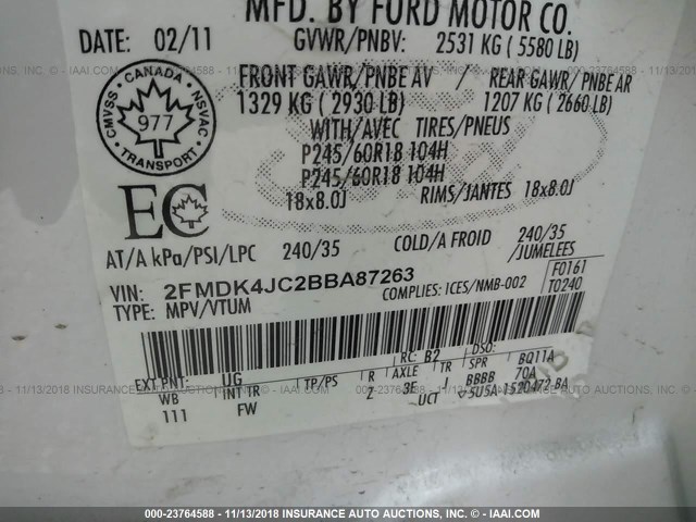 2FMDK4JC2BBA87263 - 2011 FORD EDGE SEL WHITE photo 9