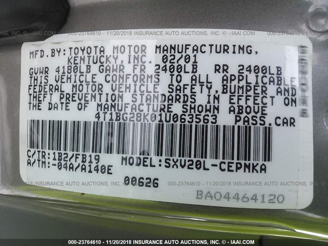 4T1BG28K01U063563 - 2001 TOYOTA CAMRY CE/LE/XLE GRAY photo 9