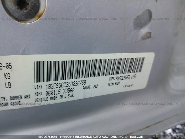 1B3ES56C35D236769 - 2005 DODGE NEON SXT SILVER photo 9