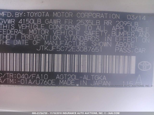 JTKJF5C72E3087651 - 2014 TOYOTA SCION TC თეთრი ფოტო 9