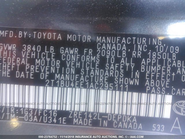 2T1BU4EE1AC295111 - 2010 TOYOTA COROLLA S/LE/XLE GRAY photo 9