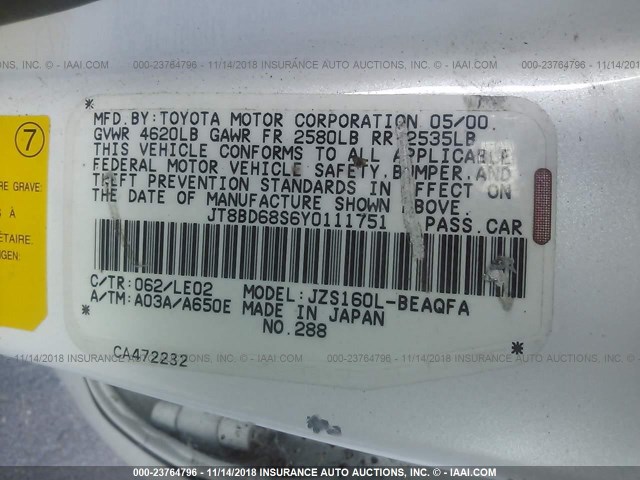 JT8BD68S6Y0111751 - 2000 LEXUS GS 300 WHITE photo 9