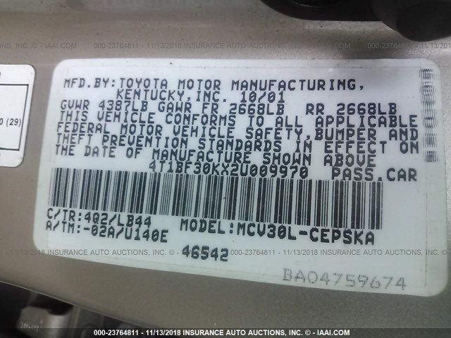 4T1BF30KX2U009970 - 2002 TOYOTA CAMRY LE/XLE/SE Qızıl foto 9