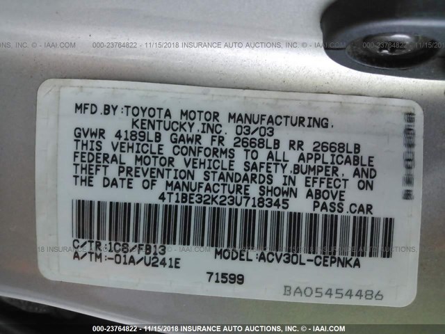 4T1BE32K23U718345 - 2003 TOYOTA CAMRY LE/XLE/SE SILVER photo 9