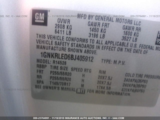 1GNKRLED6BJ405912 - 2011 CHEVROLET TRAVERSE LTZ SILVER photo 9