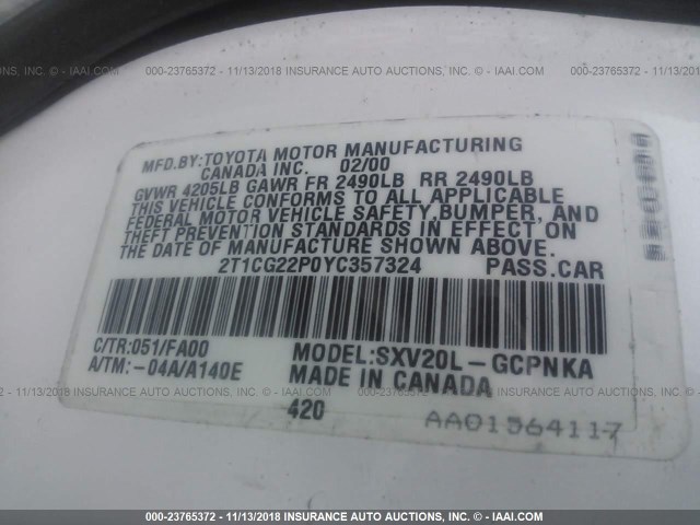 2T1CG22P0YC357324 - 2000 TOYOTA CAMRY SOLARA SE WHITE photo 9