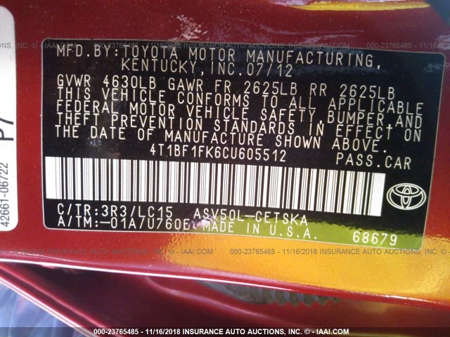 4T1BF1FK6CU605512 - 2012 TOYOTA CAMRY SE/LE/XLE 红色 照片 9
