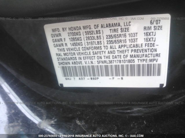 5FNRL38717B101805 - 2007 HONDA ODYSSEY EXL BLACK photo 9