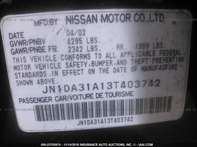 JN1DA31A13T403742 - 2003 NISSAN MAXIMA GLE/SE BLACK photo 9